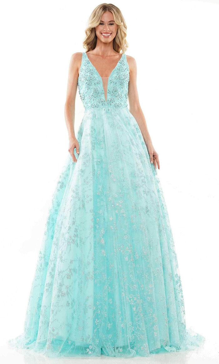 Colors Dress 2949 - V Neck Glittered A-line Dress Evening Dresses 2 / Mint