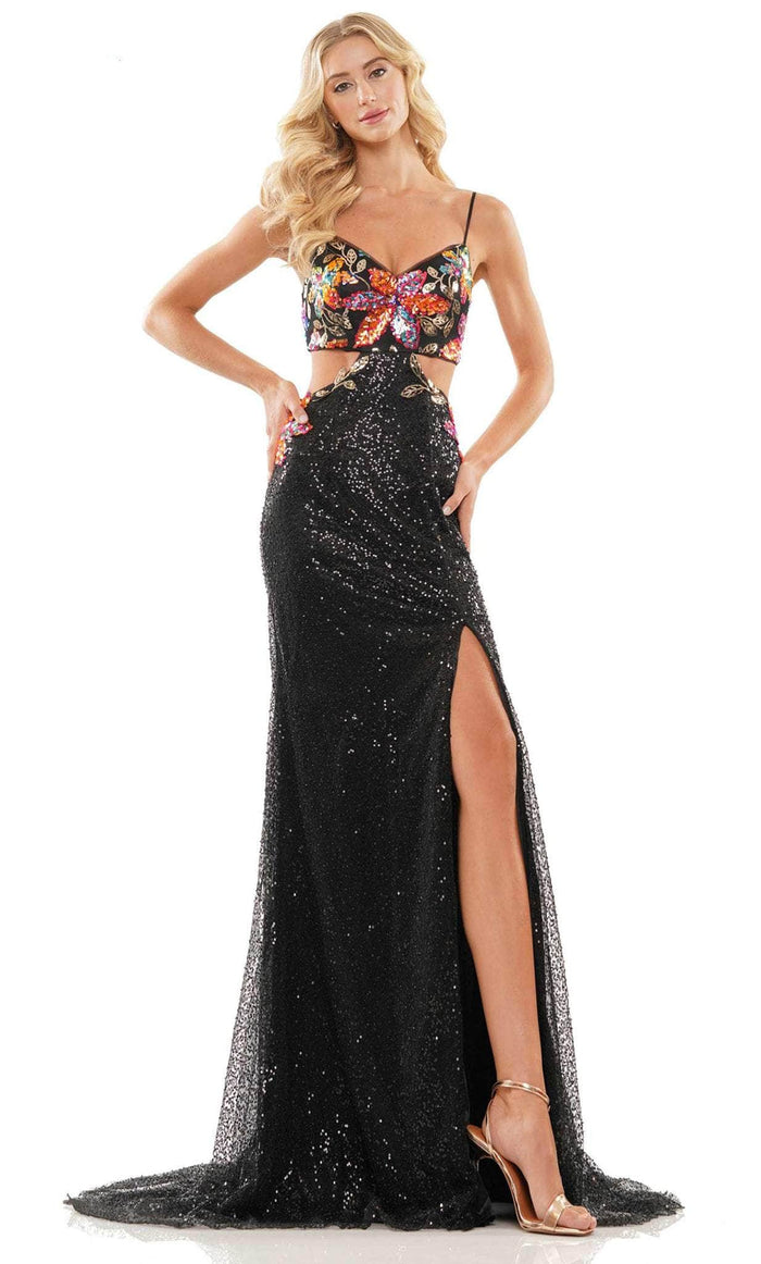 Colors Dress 2972 - Highly Sequined Cut Out Long Gown Evening Dresses 0 / Black