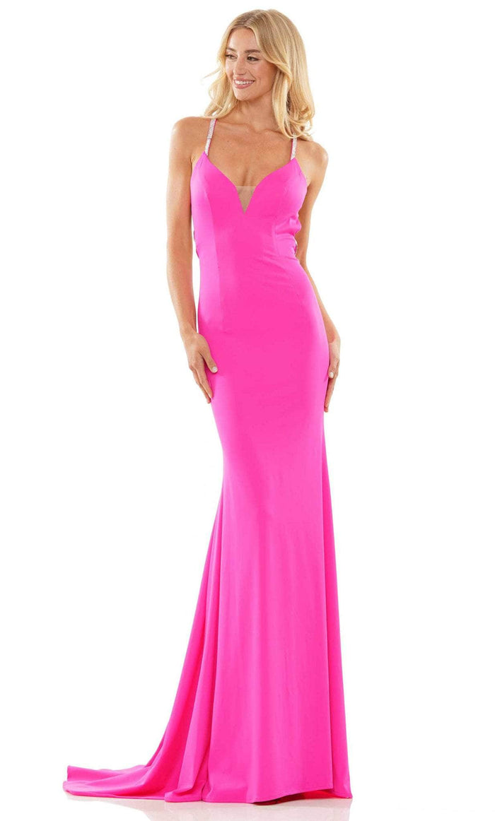 Colors Dress 2974 - Beaded Strap V-Neck Prom Gown Prom Dresses 00 / Hot Pink