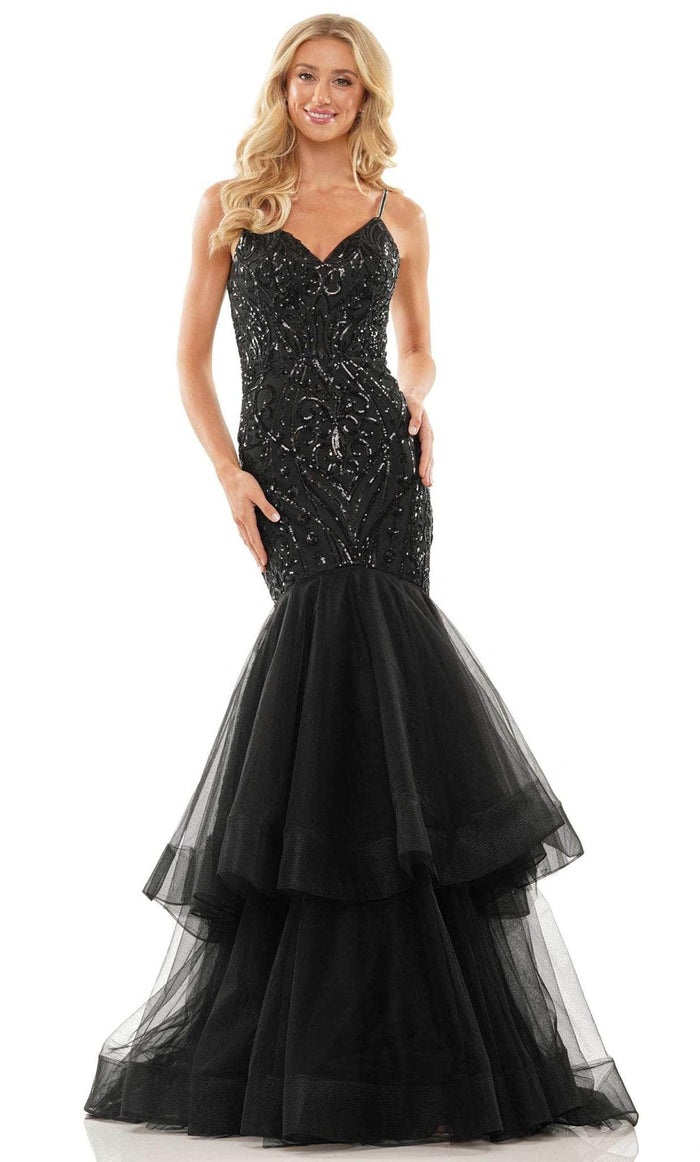 Colors Dress 2978 - Sequined V-Neck Tiered Prom Gown Prom Dresses 0 / Black