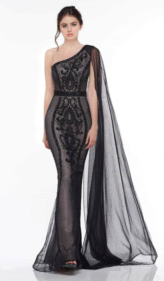 Colors Dress - Asymmetric Trumpet Evening Dress 2058 - 1 pc Black/Nude In Size 8 Available CCSALE 8 / Black/Nude