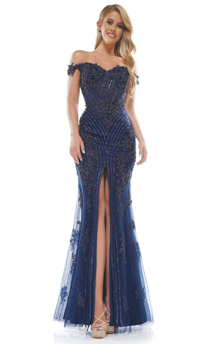 Colors Dress - Embellished Off-Shoulder High Slit Gown J131 - 1 pc Navy In Size 0 Available CCSALE 0 / Navy