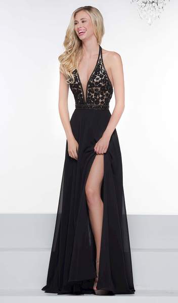 Colors Dress - Floral Beaded Plunging Halter Chiffon Gown 2051 CCSALE 6 / Black