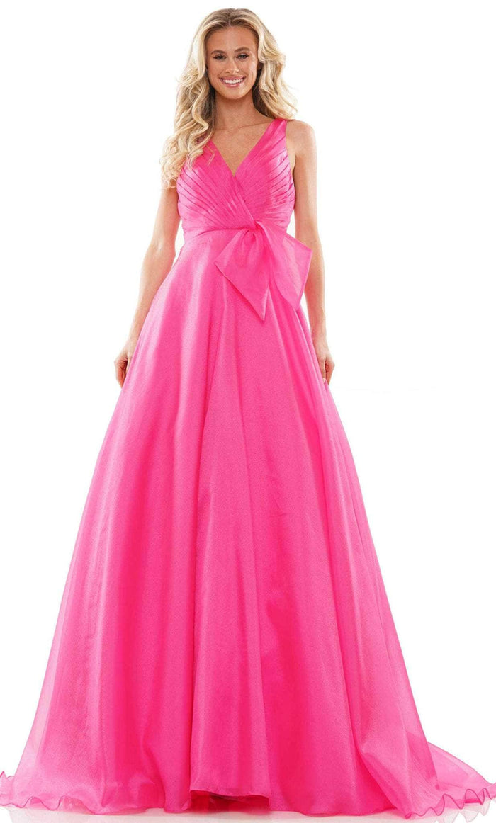Colors Dress G1098 - Pleated V-Neck Prom Gown Prom Dresses 2 / Hot Pink