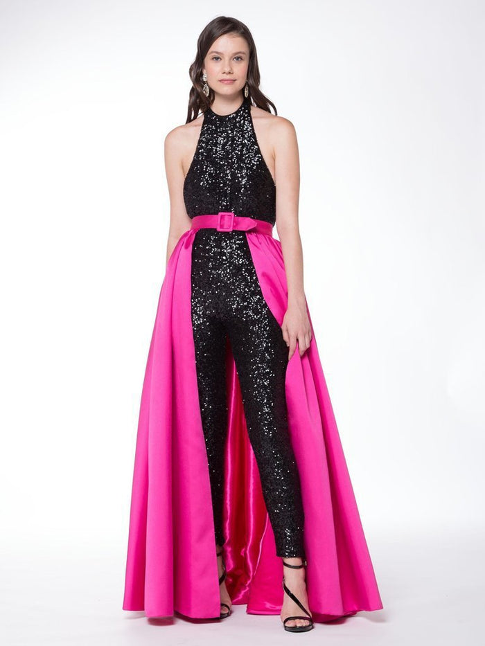 Colors Dress - Halter Neck Sequined Jumpsuit 1729 CCSALE 2 / Black & Fucshia