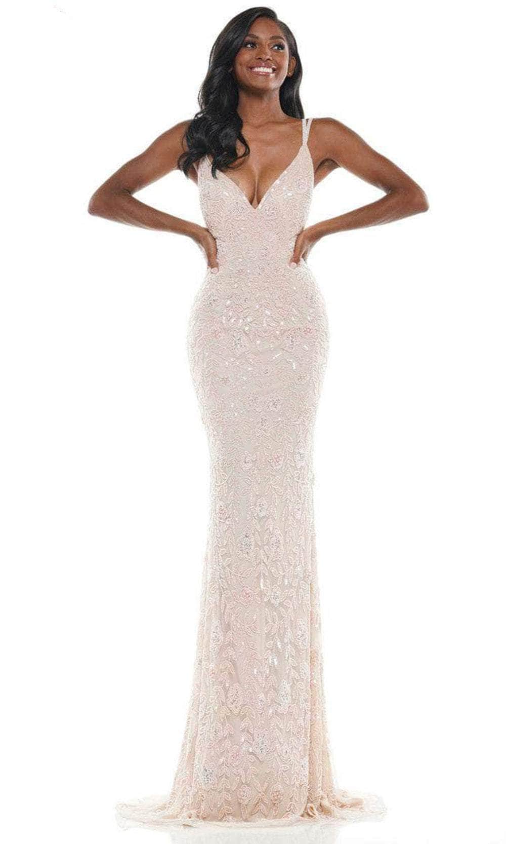 Colors Dress K115 - Embroidered Plunging V-neck Long Gown – Couture Candy