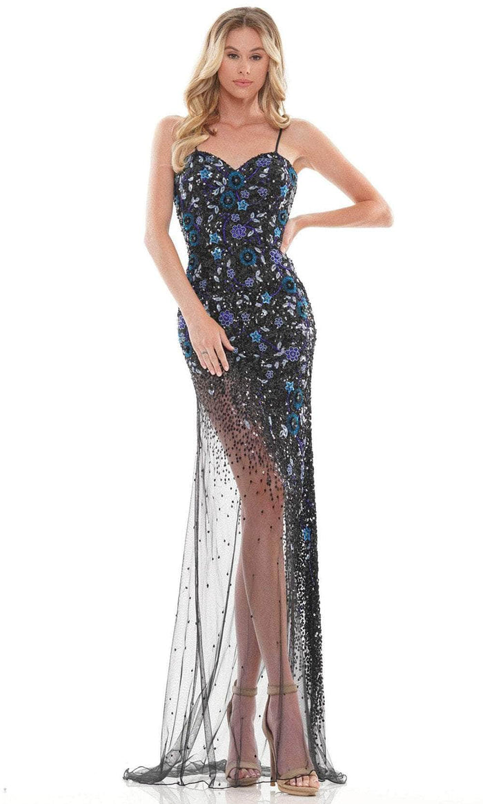Colors Dress K121 - Fully Sequined Sweetheart Long Gown Evening Dresses 0 / Black Blue