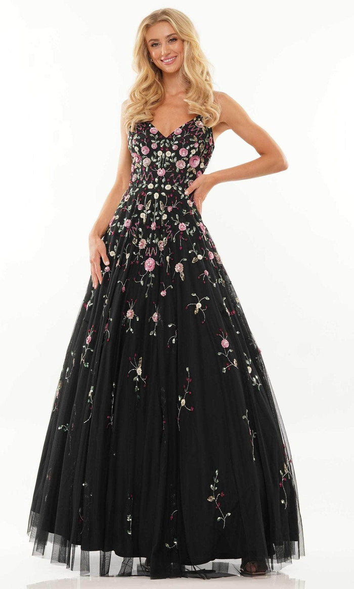 Colors Dress K141 - Floral Sleeveless Prom Dress Special Occasion Dress 2 / Black