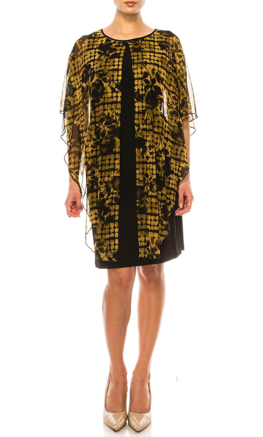 Connected Apparel TXH87472 - Floral Sheer Shawl Sheath Dress Cocktail Dresses 0 / Mustard
