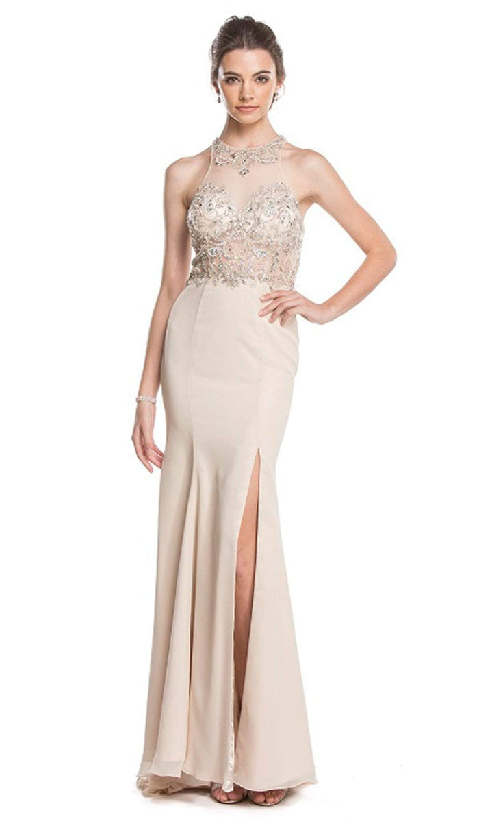 Crystal Embellished Evening Dress with Slit Dress XXS / Champagne