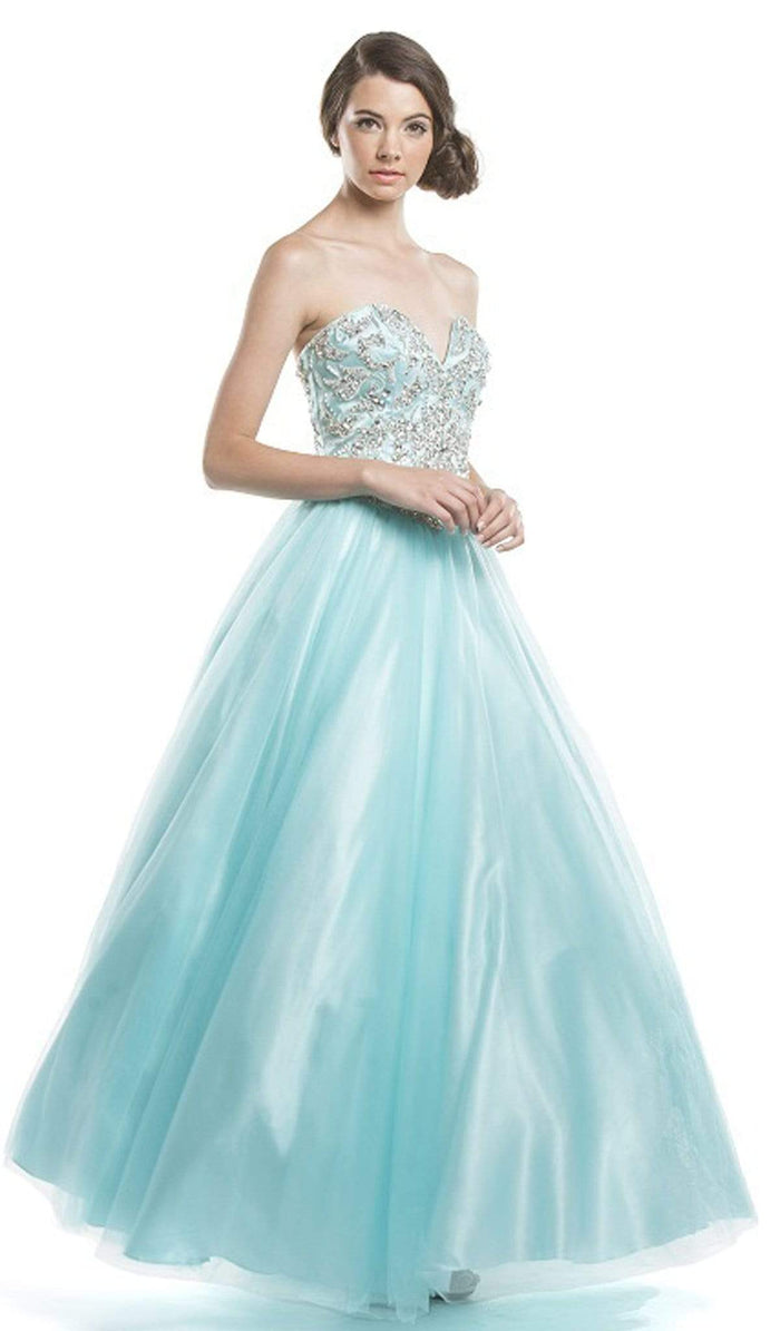 Crystal Embellished Strapless Evening Gown Ball Gowns XXS / Aqua-Silver