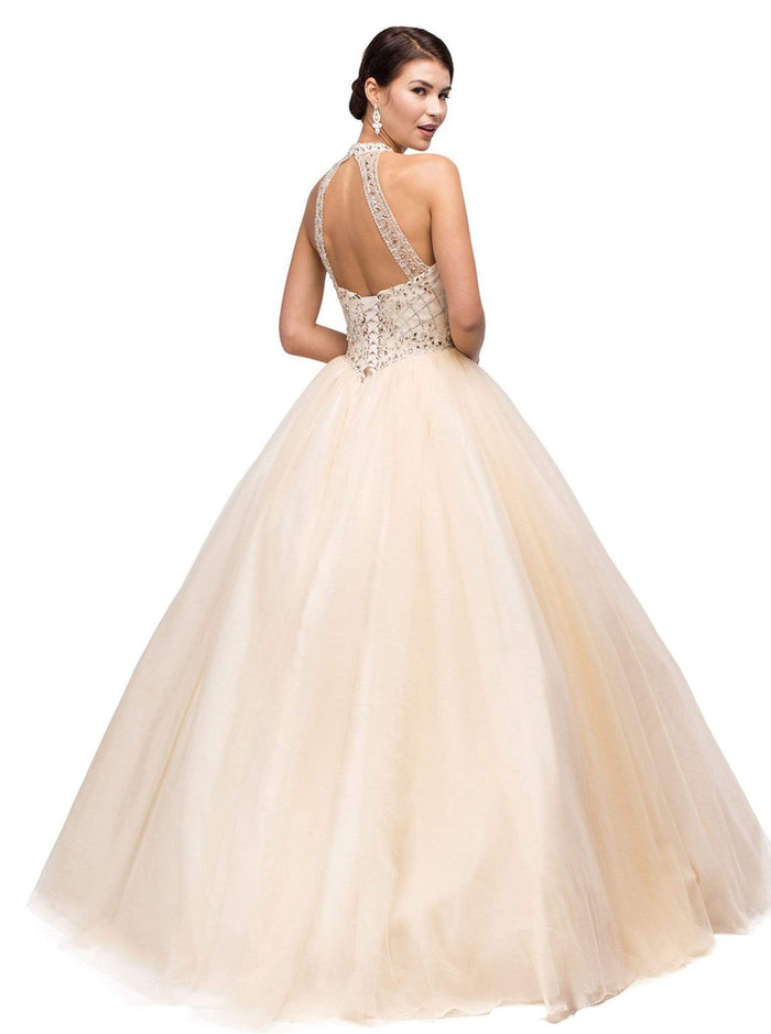 Dancing Queen - 1136 Illusion Halter Beaded Quinceanera Gown Quinceanera Dresses S / Champagne