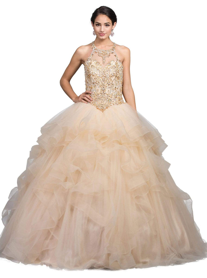 Dancing Queen - 1231 Embellished Halter Quinceanera Ballgown Special Occasion Dress XS / Champagne