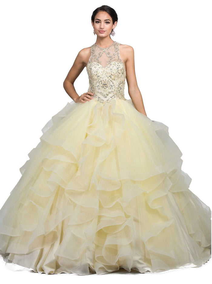 Dancing Queen - 1243 Embellished Halter Ruffled Quinceanera Ballgown Special Occasion Dress XS / Light Yellow