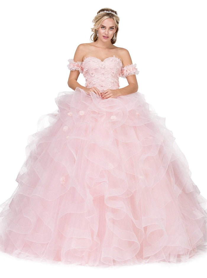 Dancing Queen - 1322 Floral Applique Ruffled Quinceanera Ballgown Special Occasion Dress XS / Blush