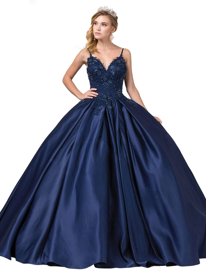 Dancing Queen - 1339 Beaded Floral Appliqued Sleek Ballgown Special Occasion Dress XS / Navy