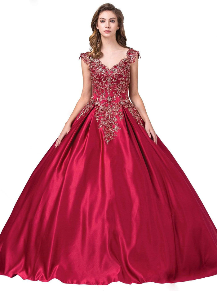 Dancing Queen - 1344 Cap Sleeve Floral Gilt-Appliqued Ballgown Special Occasion Dress XS / Burgundy
