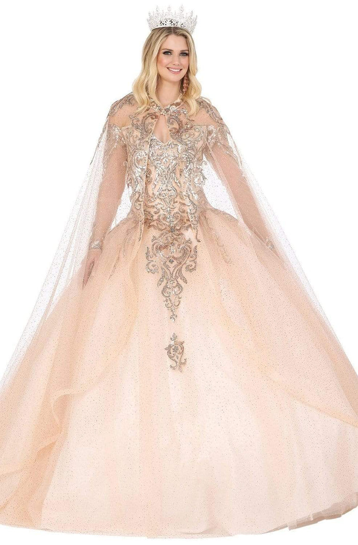 Dancing Queen - 1474 Gilt-Appliqued Off Shoulder Ballgown with Cape Quinceanera Dresses XS / Champagne