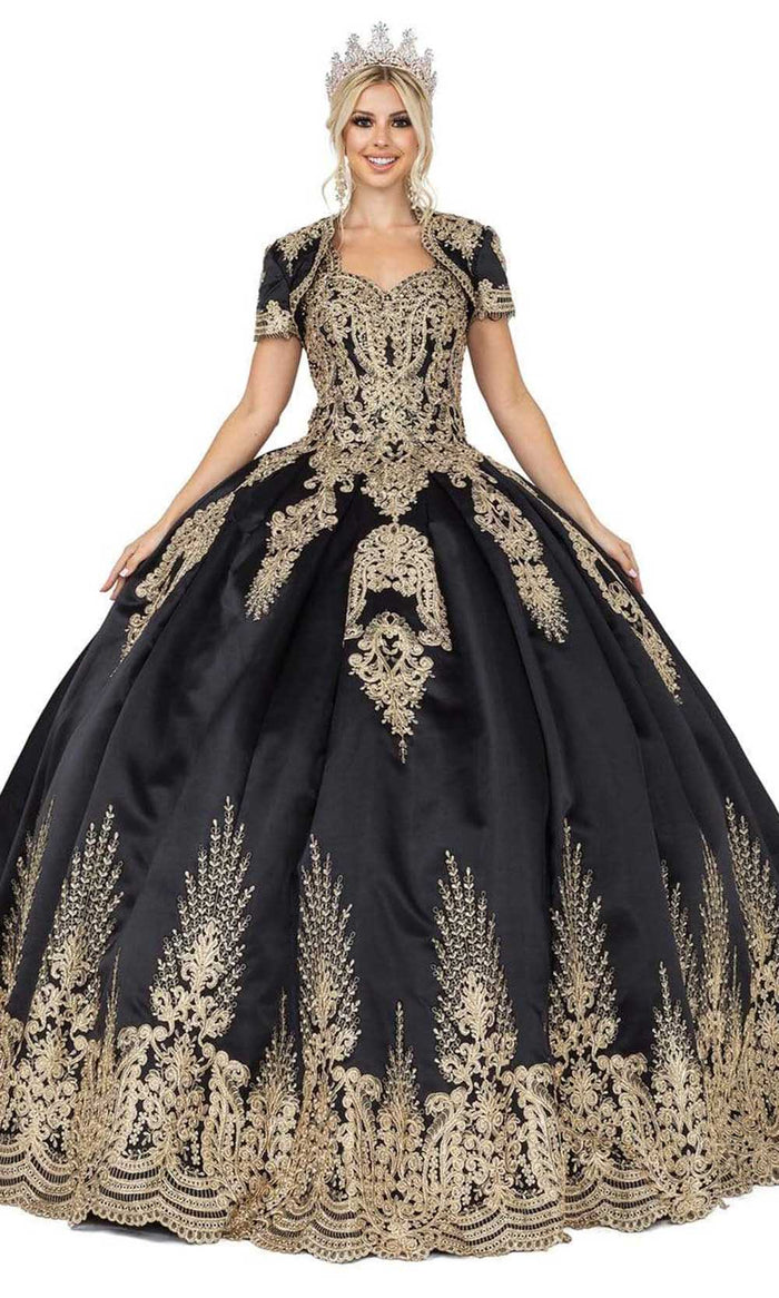 Dancing Queen - 1494 Sweetheart Neck Gold Applique Ballgown Quinceanera Dresses XS / Black