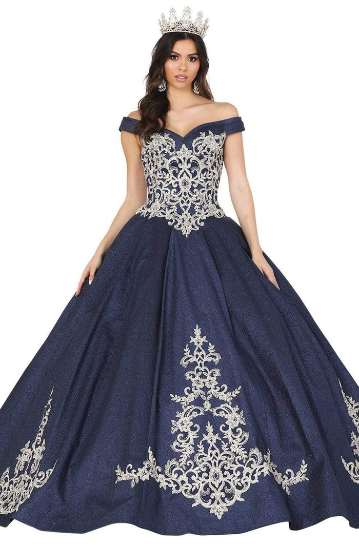 Dancing Queen - 1507 Embroidered Off-Shoulder Ballgown With Train Quinceanera Dresses XS / Navy/Silver