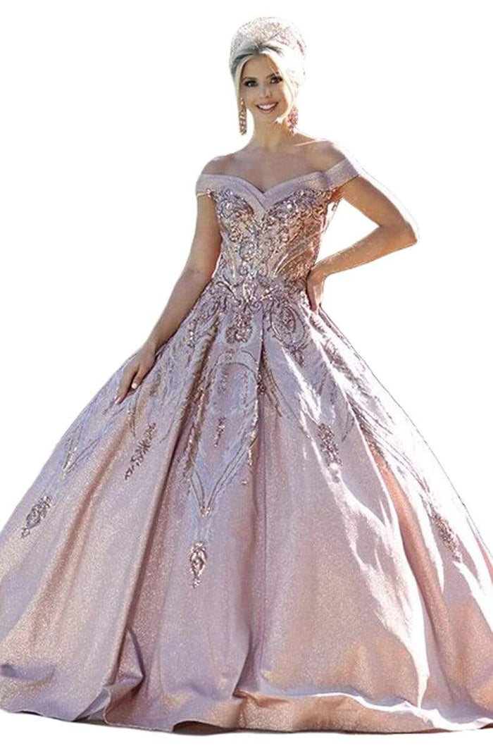 Dancing Queen - 1511 Bedazzled Off-Shoulder Pleated Ballgown Quinceanera Dresses XS / Rose Gold