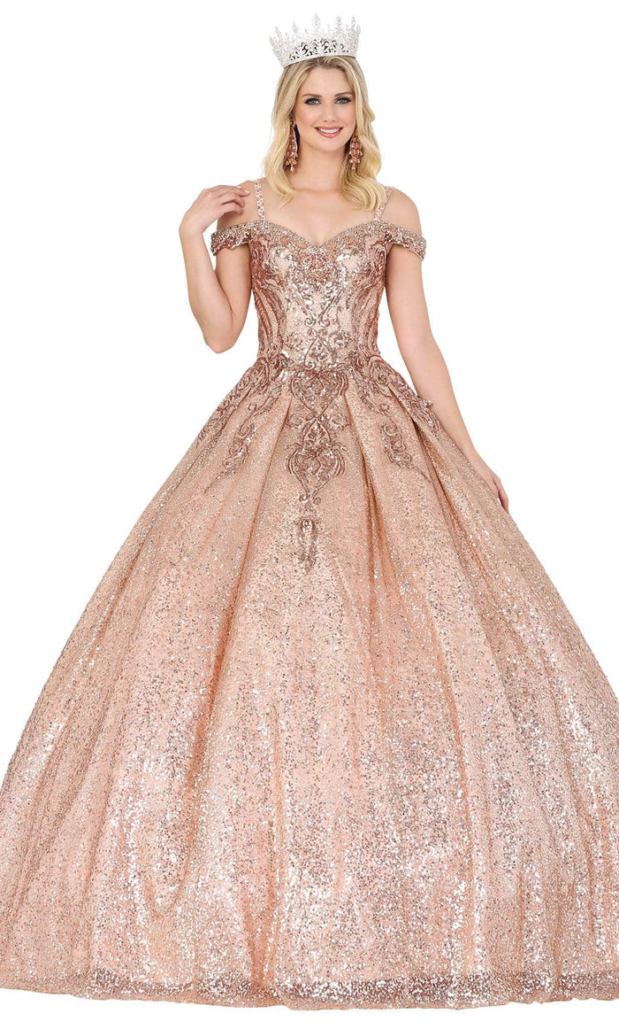 Dancing Queen 1515 - Cold Shoulder Sequin Ballgown Ball Gowns XS / Rose Gold