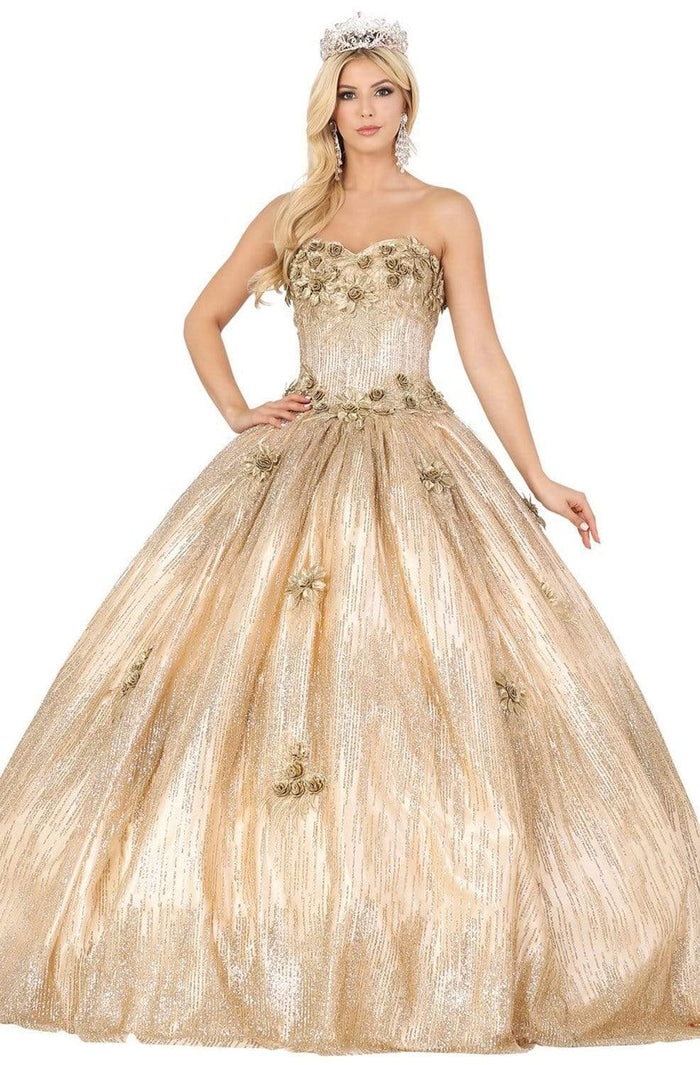 Dancing Queen - 1533 Floral Applique Sweetheart Ballgown Quinceanera Dresses XS / Gold