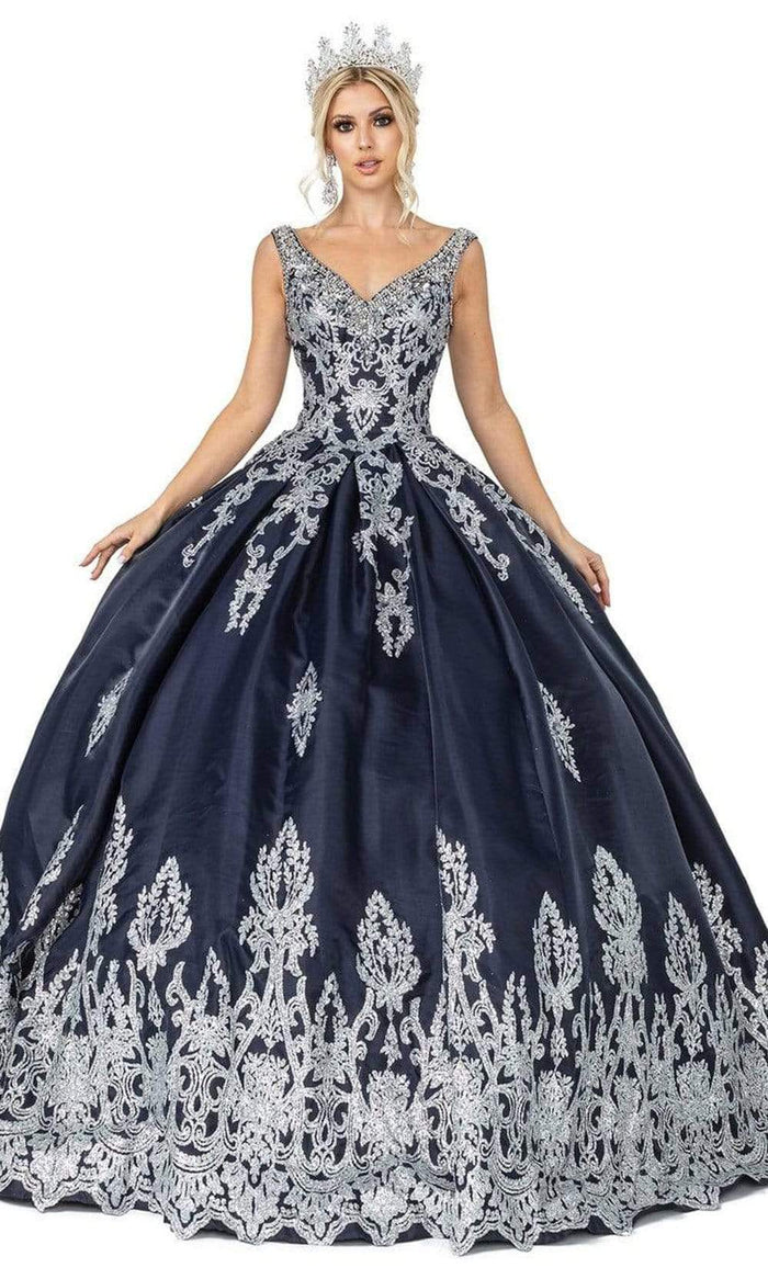 Dancing Queen - 1551 Beaded Lace Applique Embellished Ballgown Quinceanera Dresses XS / Navy