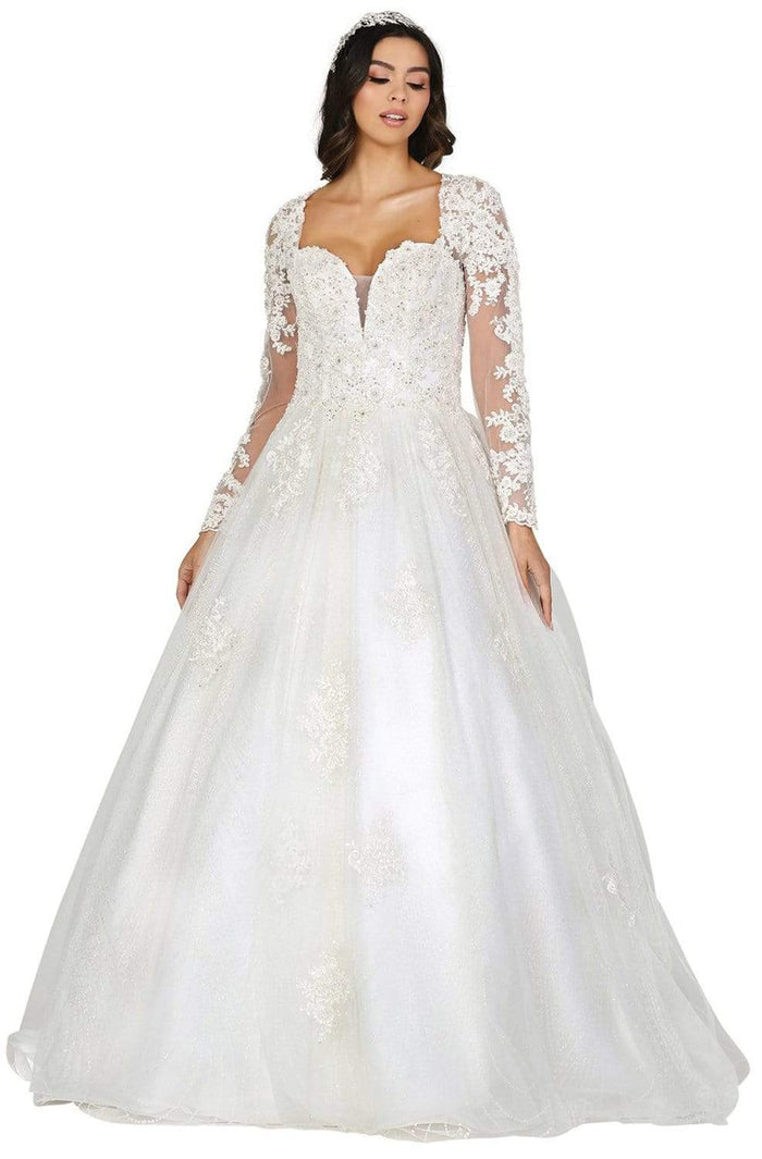 Dancing Queen - 156 Embroidered Long Sleeve Deep Sweetheart Gown Wedding Dresses XS / Off White