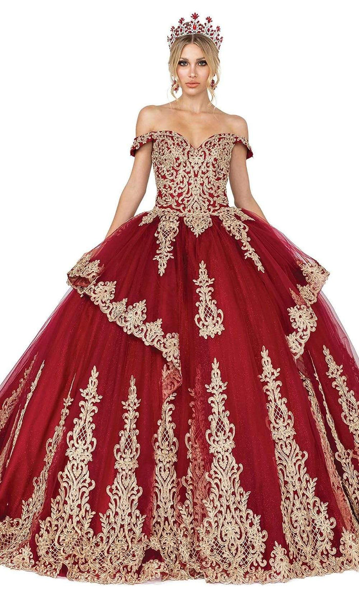Dancing Queen - 1571 Off Shoulder Applique Ballgown Special Occasion Dress XS / Burgundy