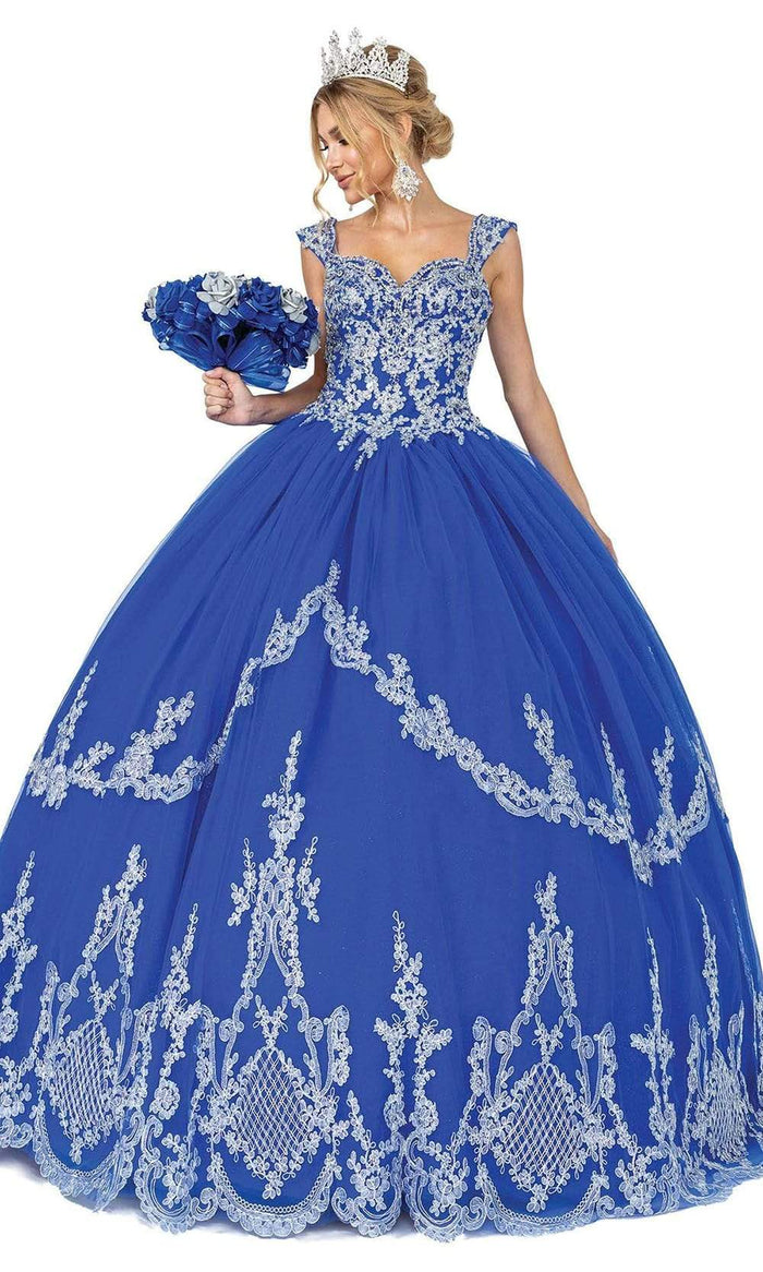 Dancing Queen - 1576 Cap Sleeve Applique Ballgown Quinceanera Dresses XS / Royal Blue