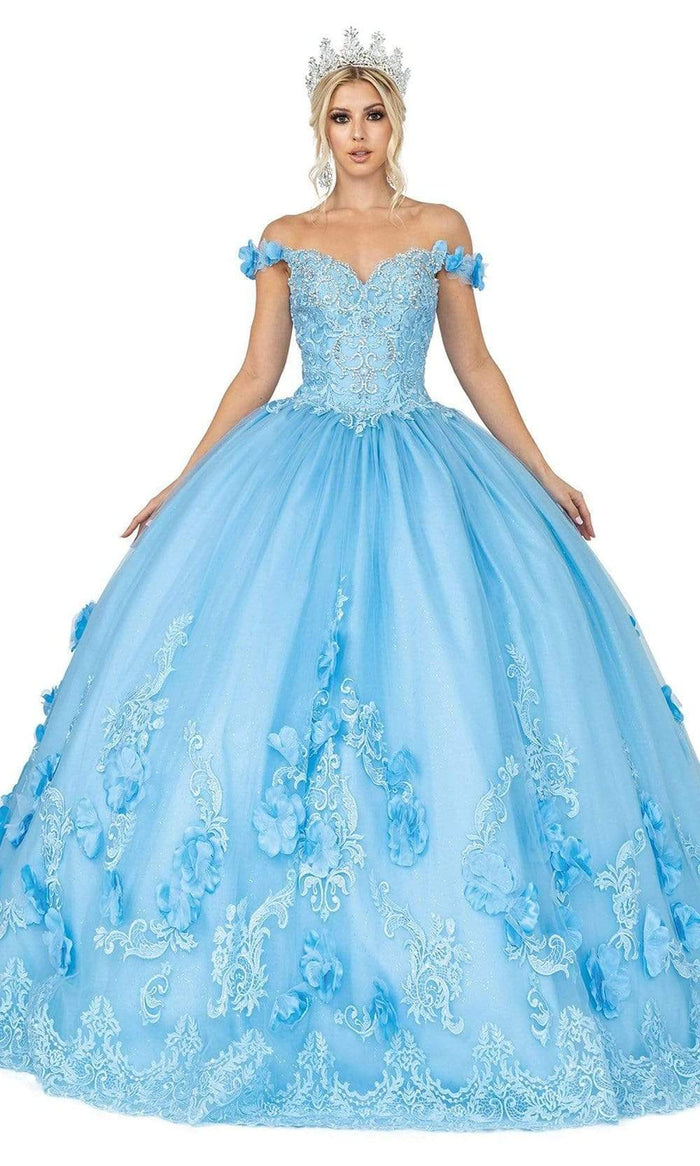 Dancing Queen - 1582 Embroidered Off Shoulder Gown With Train Quinceanera Dresses XS / Bahama Blue