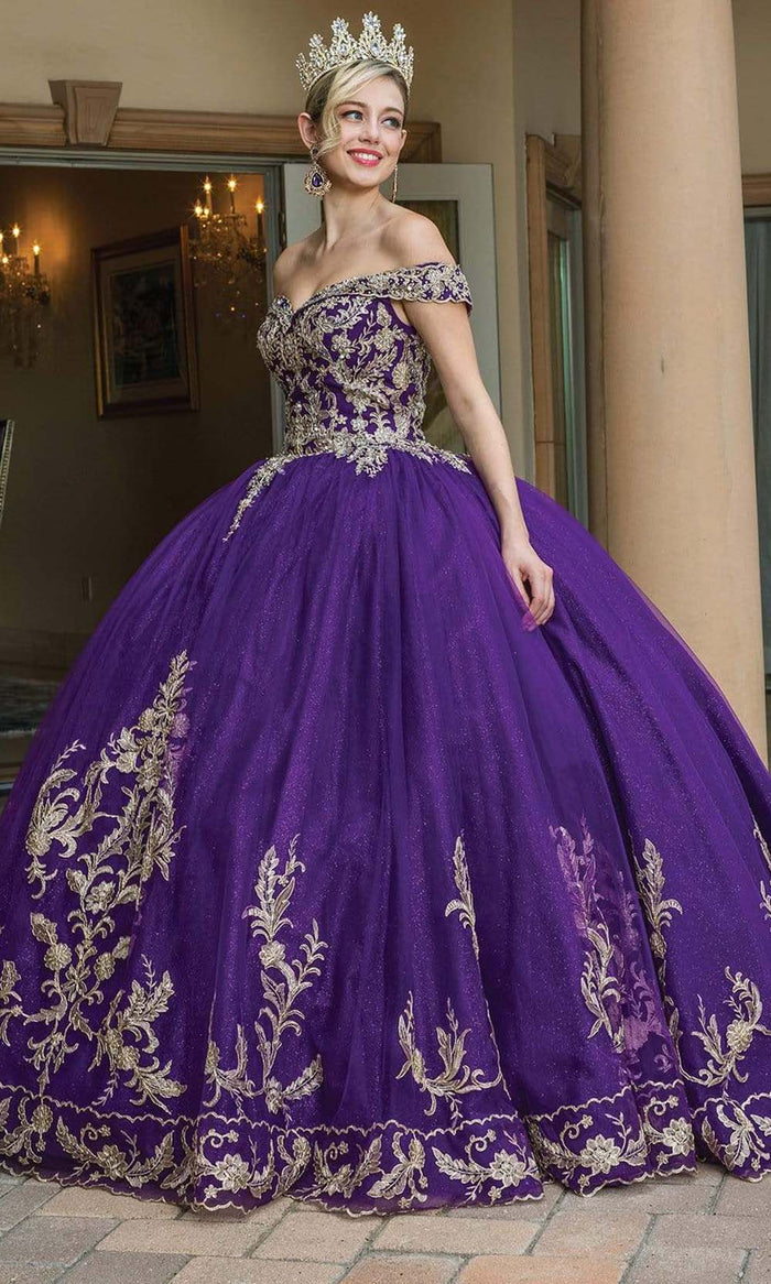 Dancing Queen - 1596 Embroidered Off Shoulder Ballgown Quinceanera Dresses XS / Purple