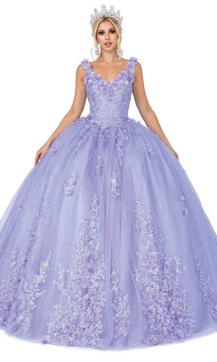 Dancing Queen - 1623 V Neck Floral Glittered Ballgown Quinceanera Dresses XS / Lilac