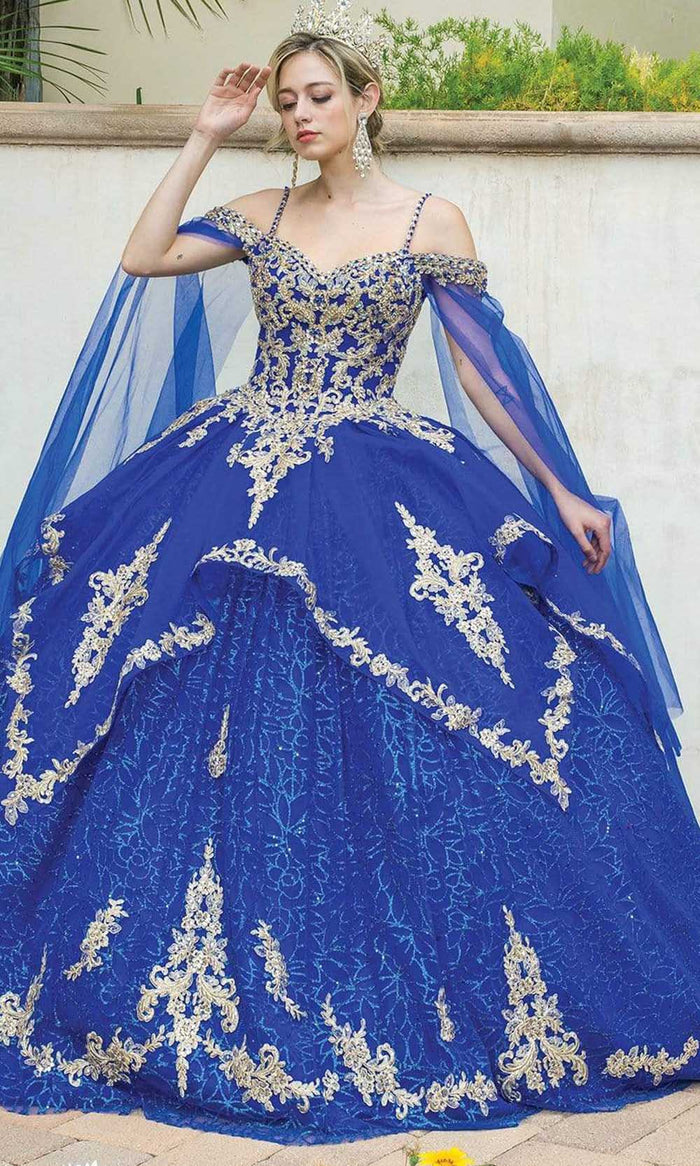 Dancing Queen - 1638 Cold Shoulder Cape Sleeve Ballgown Quinceanera Dresses XS / Royal Blue