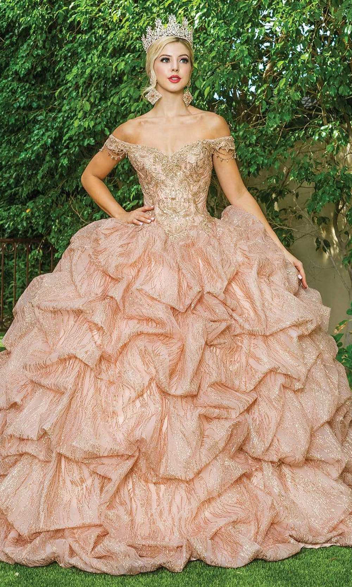 Dancing Queen - 1639 Off Shoulder Ruched Ballgown Special Occasion Dress XS / Rose Gold