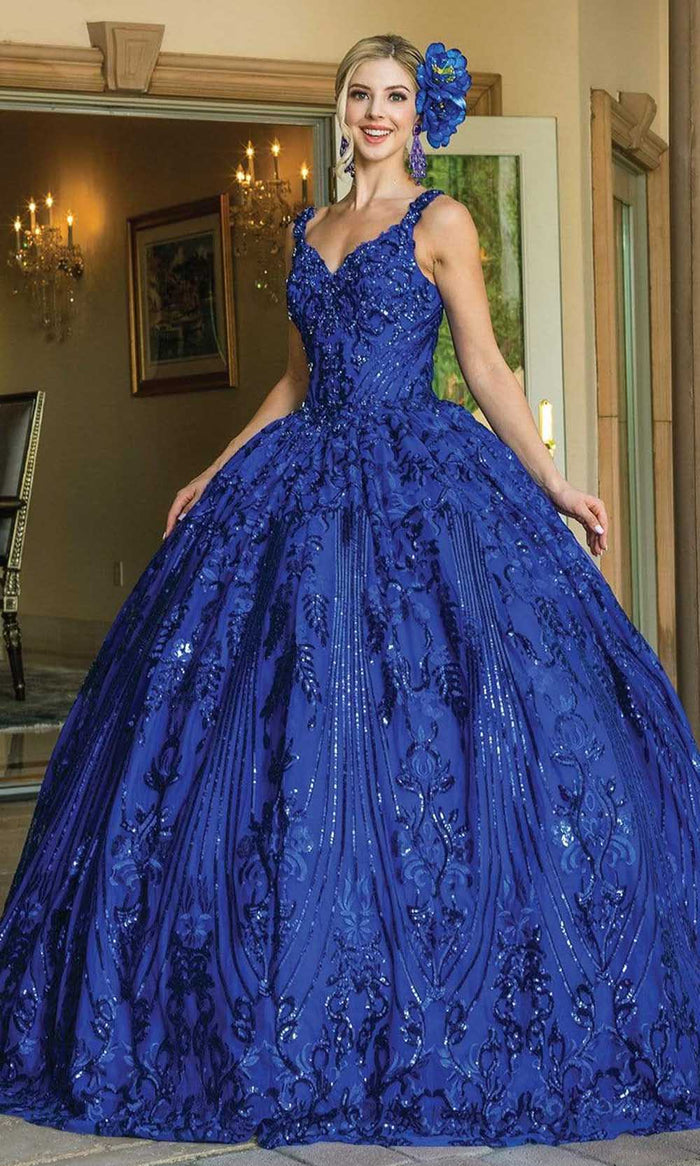 Dancing Queen - 1649 Embellished V Neck Fit and Flare Gown Quinceanera Dresses XS / Royal Blue