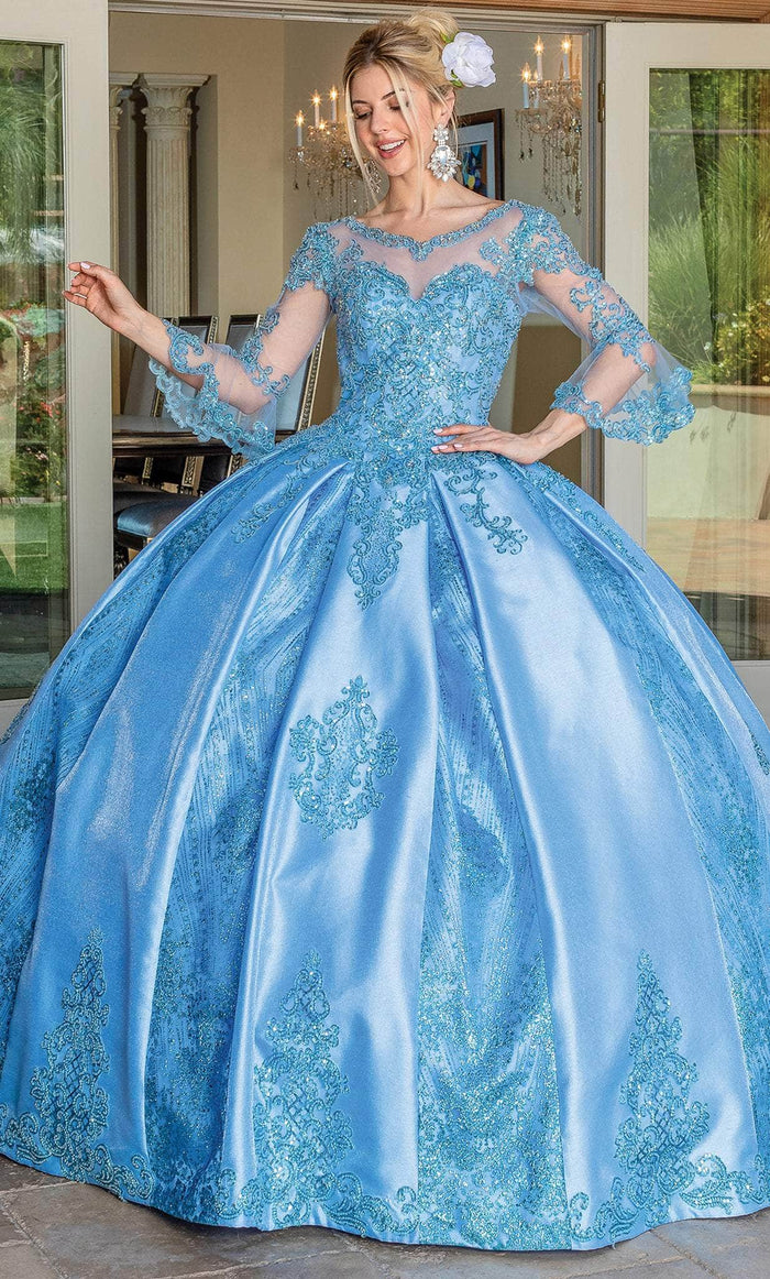 Dancing Queen 1665 - Bell Sleeve Ornate Quinceanera Ballgown Ball Gowns XS / Bahama Blue
