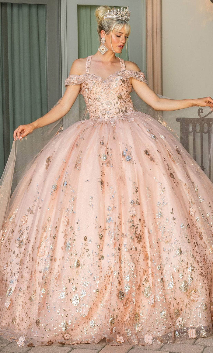 Dancing Queen 1668 - Glitter Quinceanera Ballgown with Cape Special Occasion Dress XS / Rose Gold
