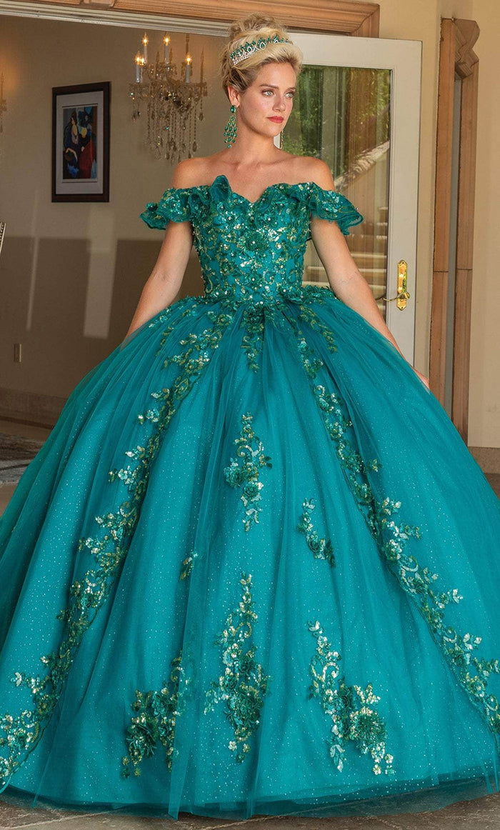 Dancing Queen 1766 - Ruffled Off-Shoulder Embellished Ballgown Special Occasion Dress XS / Hunter Green