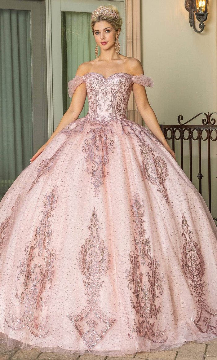Dancing Queen 1803 - Ruffled Off-Shoulder Lace-Up Back Ballgown Long Dresses XS / Rose Gold