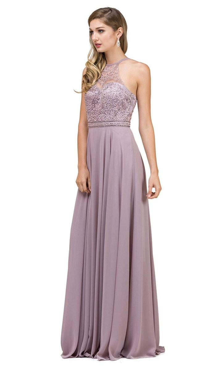 Dancing Queen - 2092 Embroidered Halter A-Line Evening Gown Special Occasion Dress XS / Mocha