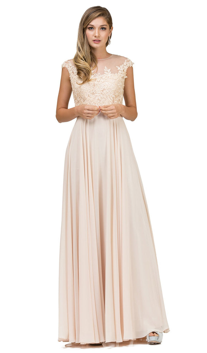 Dancing Queen - 2121 Sheer Floral A Line Evening Gown Special Occasion Dress XS / Champagne