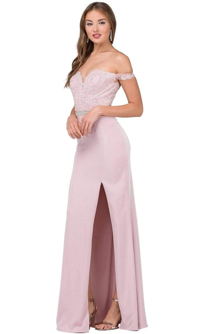 Dancing Queen - 2164 Appliqued Plunging Off Shoulder High Slit Gown Prom Dresses XS / Dusty Pink