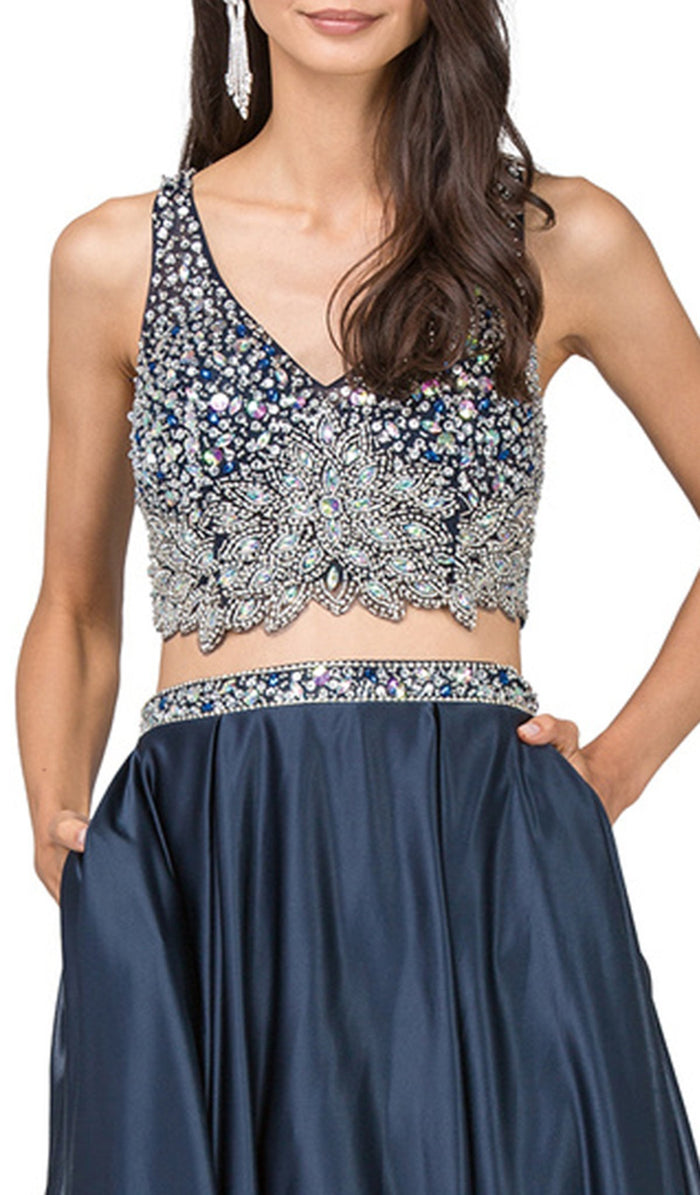 Dancing Queen - 2243 Two Piece Bejeweled A-line Prom Dress Special Occasion Dress S / Navy