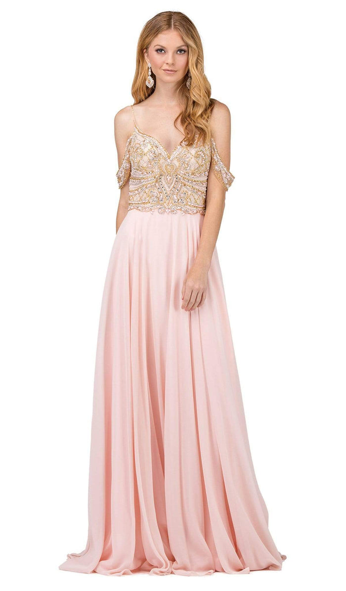 Dancing Queen - 2252 Cold Shoulder Sleeves Beaded A-line Prom Gown Special Occasion Dress XS / Blush