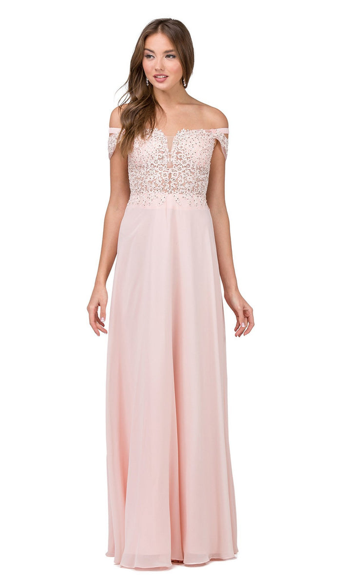 Dancing Queen - 2273 Embroidered Off Shoulder Prom Dress Special Occasion Dress XS / Blush