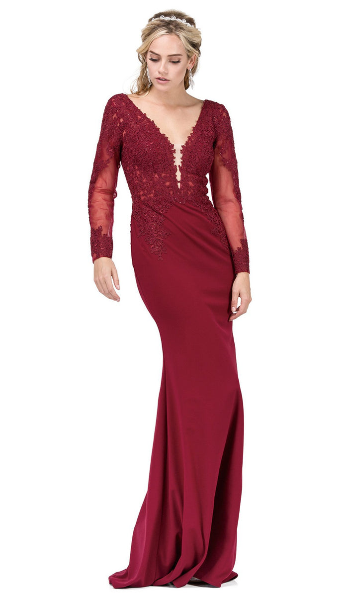 Dancing Queen - 2276 Trailing Floral Lace Appliqued Prom Gown Special Occasion Dress XS / Burgundy
