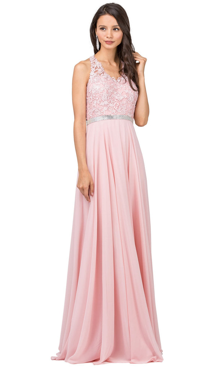 Dancing Queen - 2332 Lace V-neck A-line Prom Dress With Open Back Special Occasion Dress XS / Blush