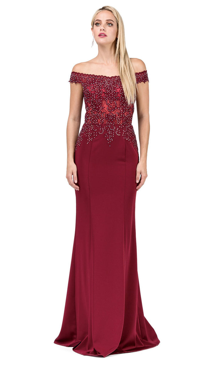 Dancing Queen - 2440 Adorned Illusion Off Shoulder Prom Gown Special Occasion Dress XS / Burgundy